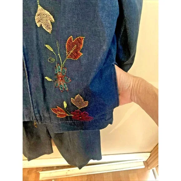 Alfred Dunner Denim Beaded Embroidered  Sz 12 Jacket & Pants Capri Set Outfit - Picture 6 of 13